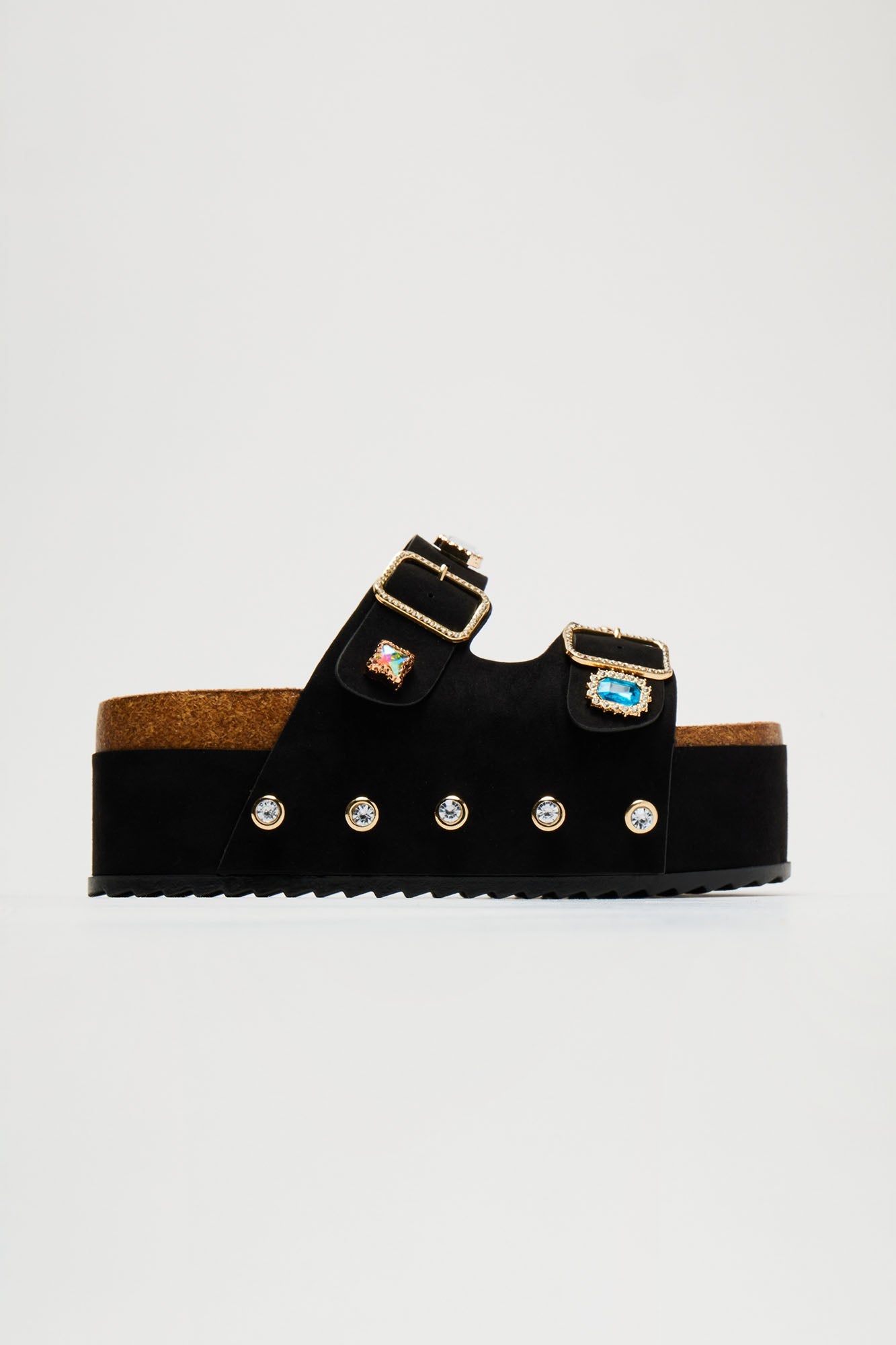 Bria - Black Faux Suede Double Buckle Platform Sandal w/ Gemstone Embellishment