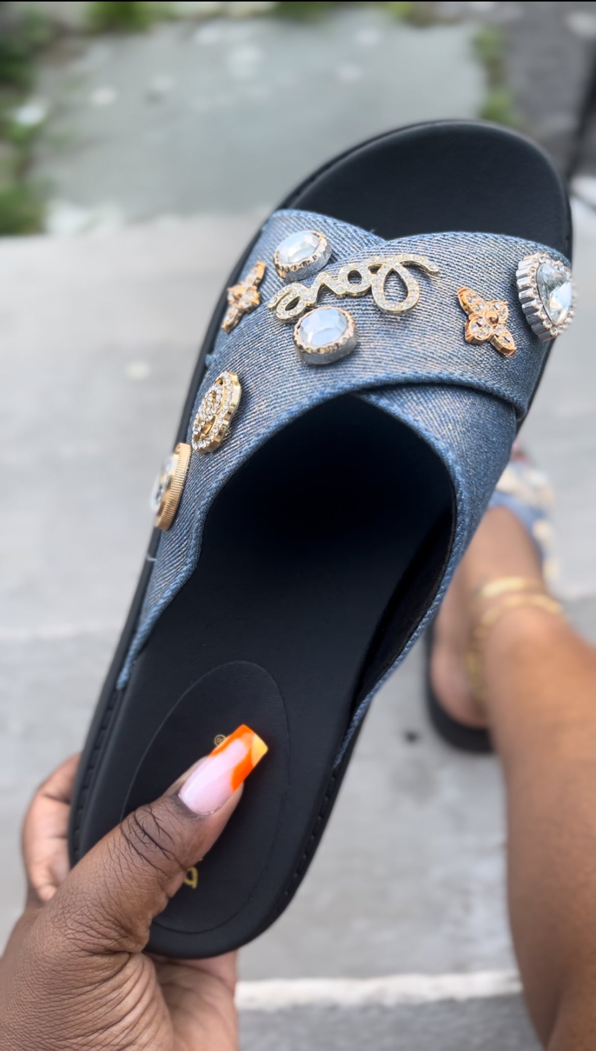 Wynn - Denim Platform Slides with Love Charm