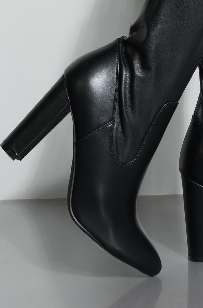 Jenny - Black Block Heel Thigh High Boots (Wide Calf Friendly)