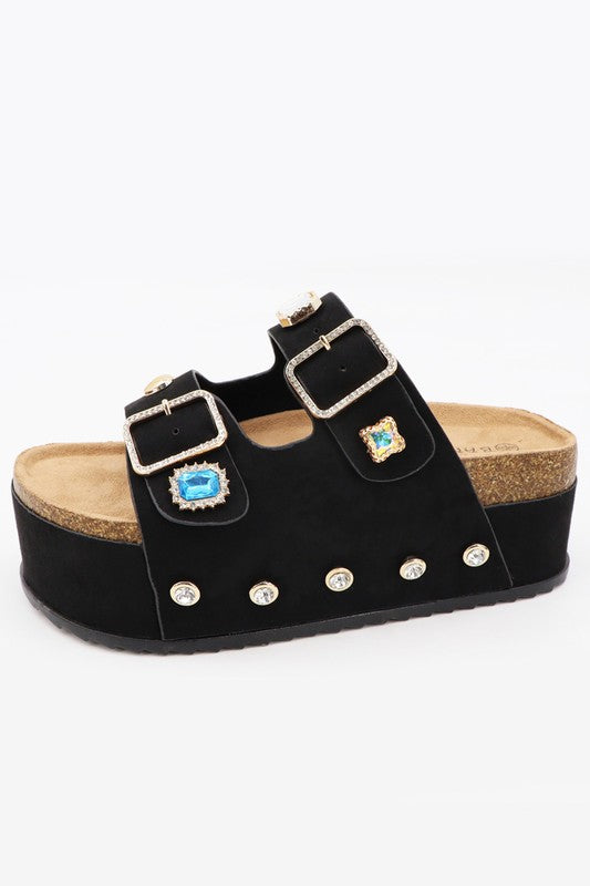 Bria - Black Faux Suede Double Buckle Platform Sandal w/ Gemstone Embellishment