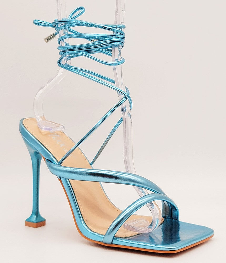 Hali - Metallic Blue Square Toe Heel with Ankle Lace Straps