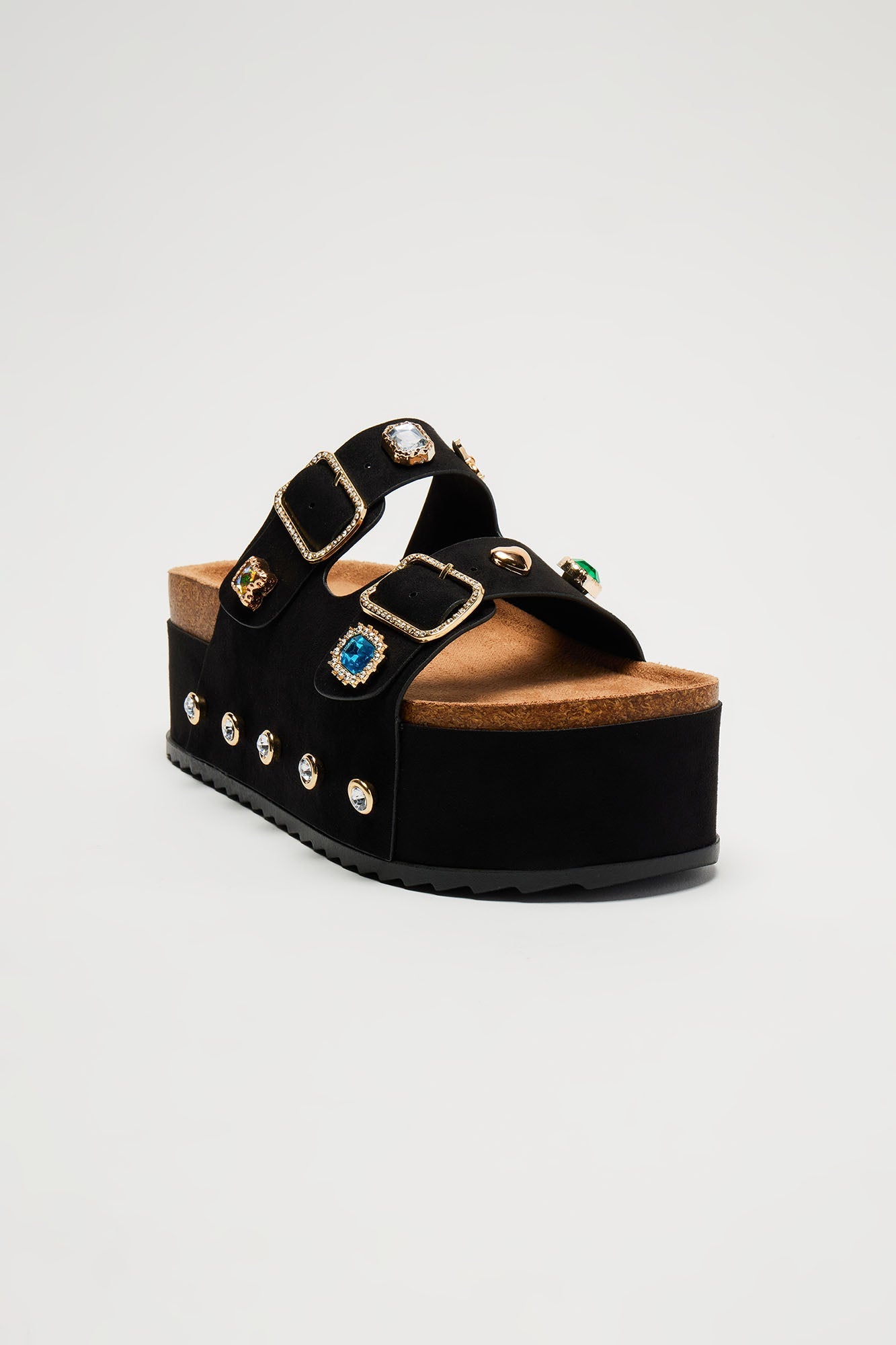 Bria - Black Faux Suede Double Buckle Platform Sandal w/ Gemstone Embellishment