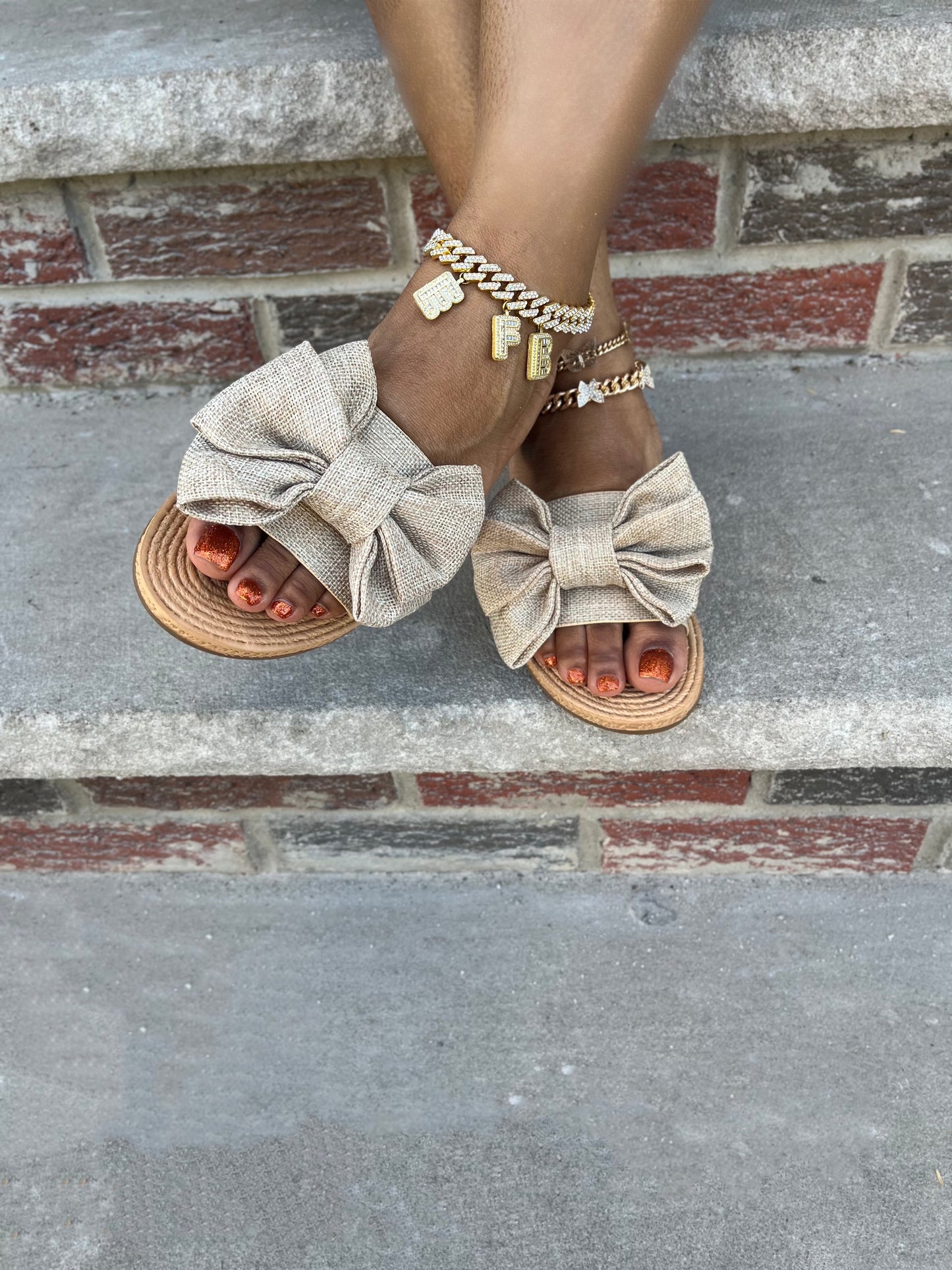 Athena - Beige Linen Bow Slide Sandal