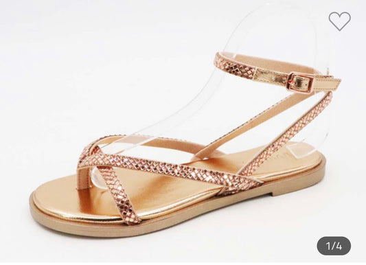 Leah - Rose Gold Rhinestone Thong Sandal w/ Quarter Strap