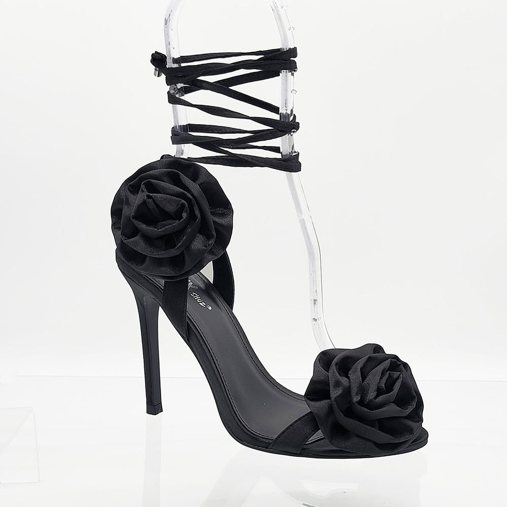 Esther - Black Satin Lace Up Stiletto with Rosettes