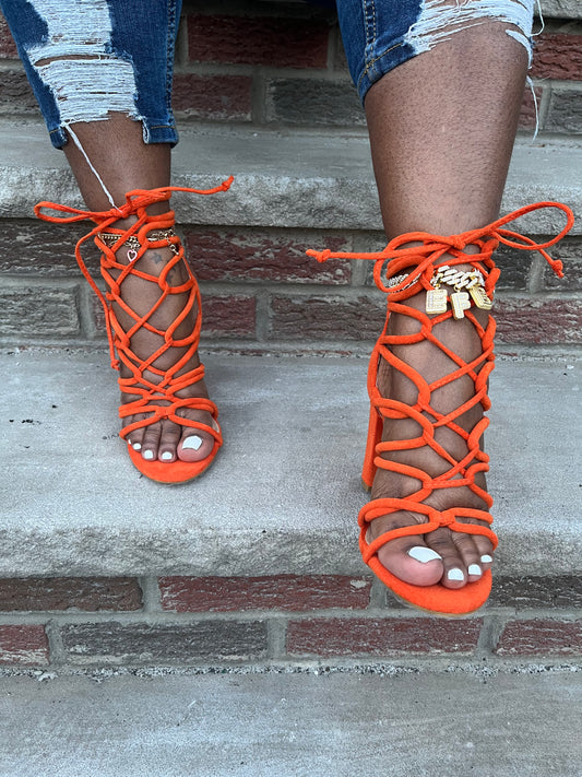 Rubie - Orange Lace Up Block Heel (Wide Feet Friendly)