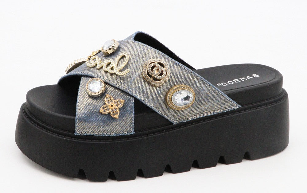 Wynn - Denim Platform Slides with Love Charm