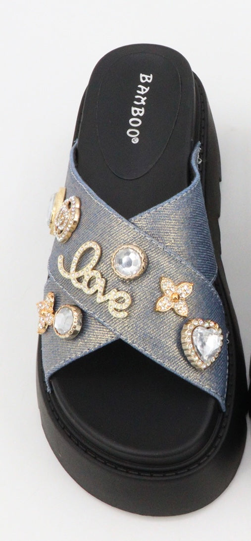 Wynn - Denim Platform Slides with Love Charm