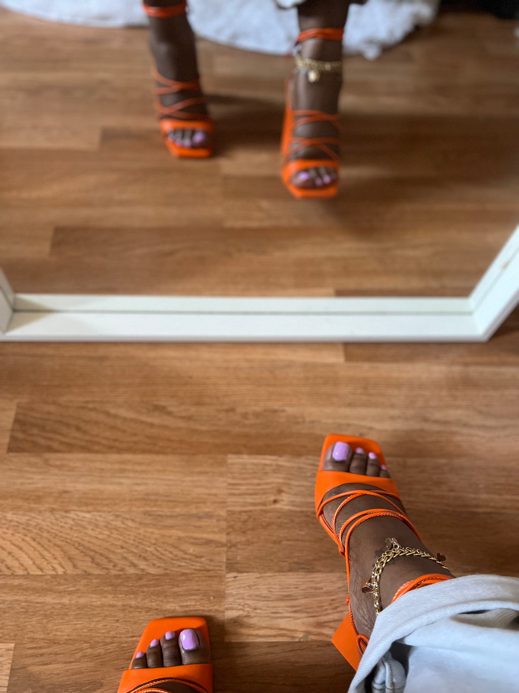 Lina- Orange Chunky Lace Up Heels