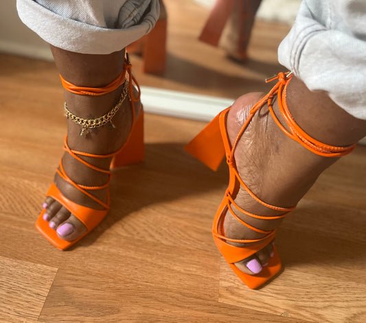 Lina- Orange Chunky Lace Up Heels