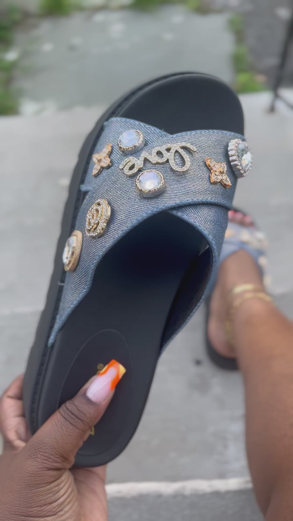 Wynn - Denim Platform Slides with Love Charm